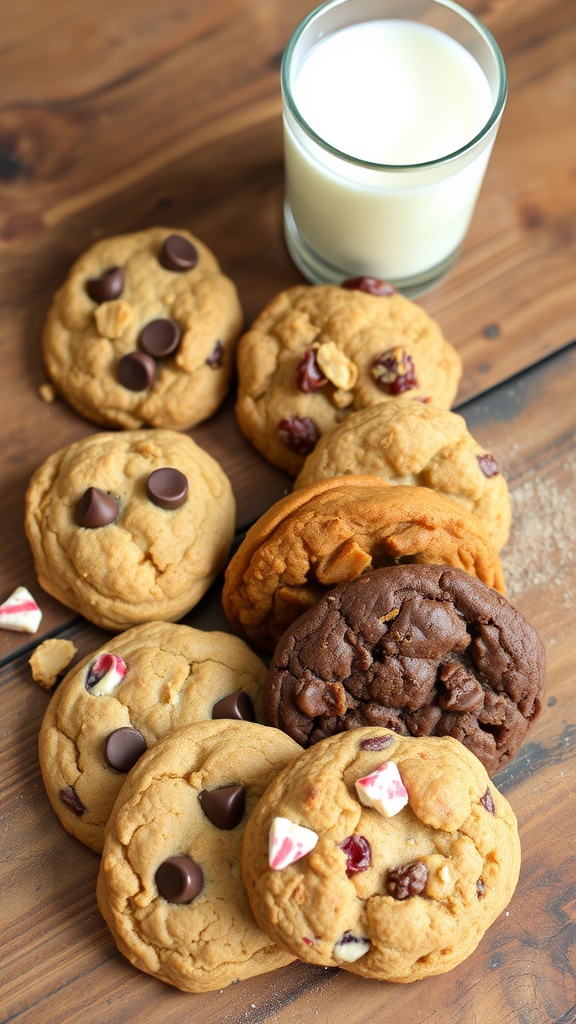 An assortment of seven types of cookies on a wooden table, including chocolate chip, oatmeal raisin, peanut butter, and more.